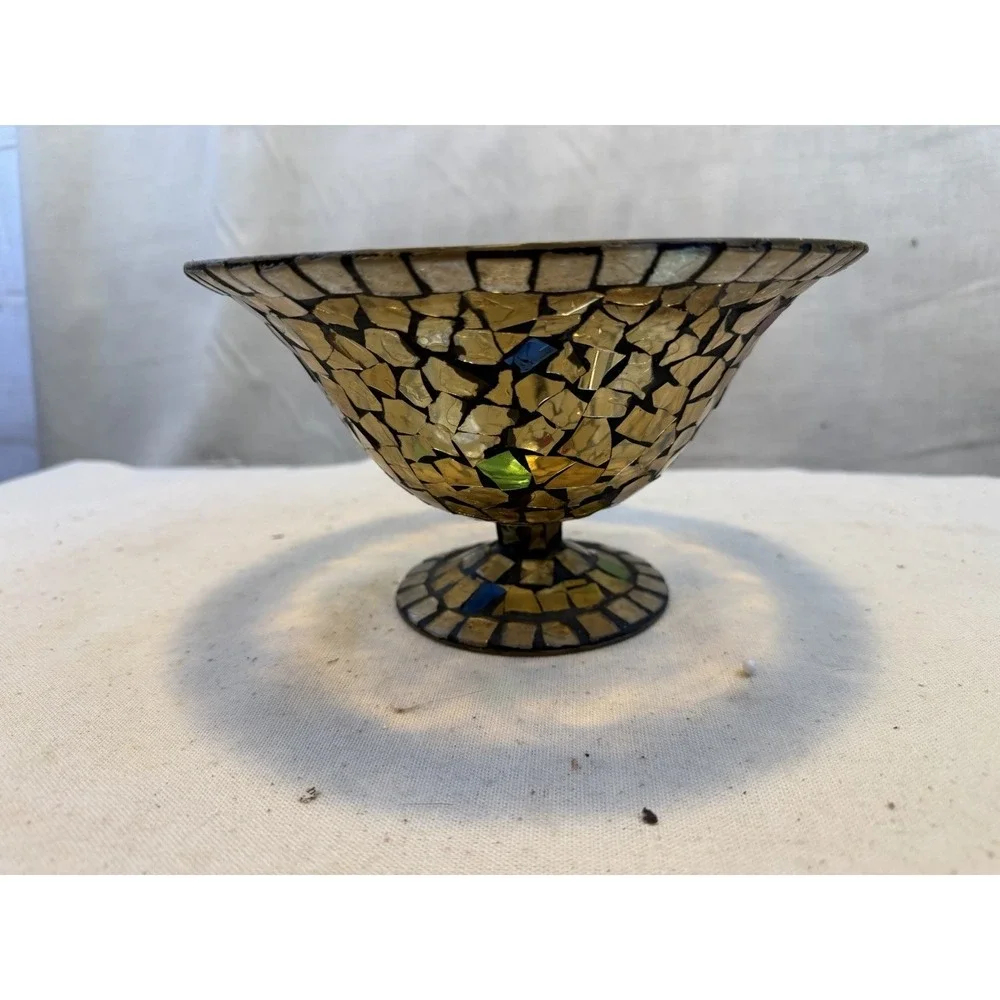 Mosaic Glass Pedestal Bowl‎ Gold Multicolor Boho Decor Centerpiece
